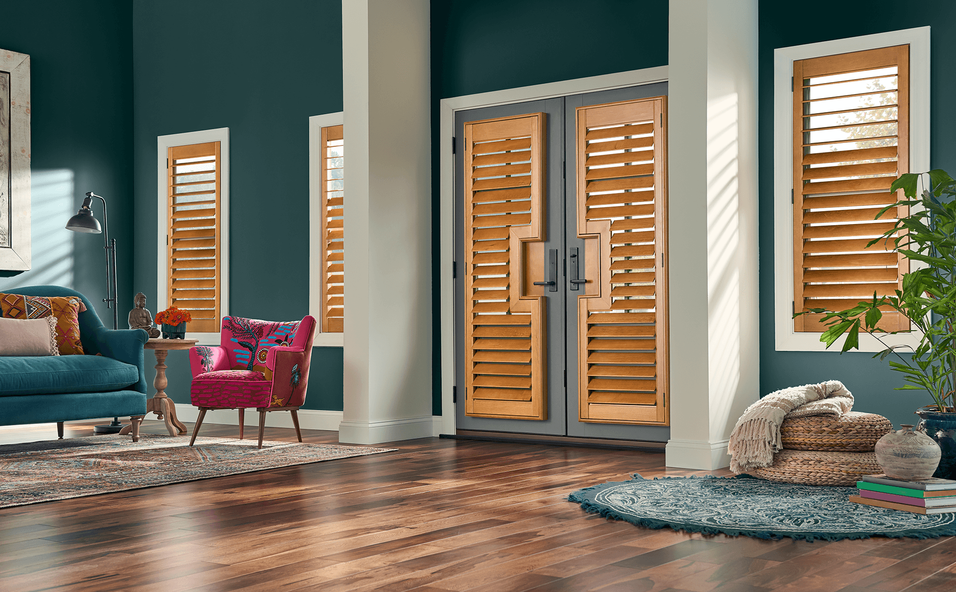 Window and French Doors with matching wood shutters by Graber Blinds