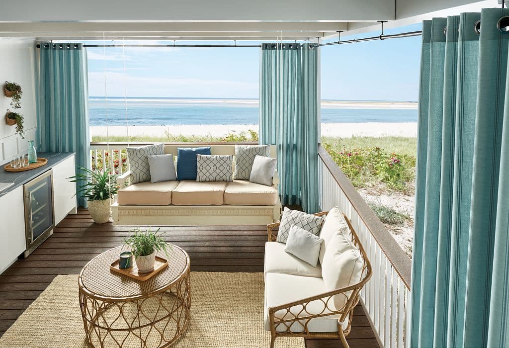Graber custom exterior draperies in sea blue