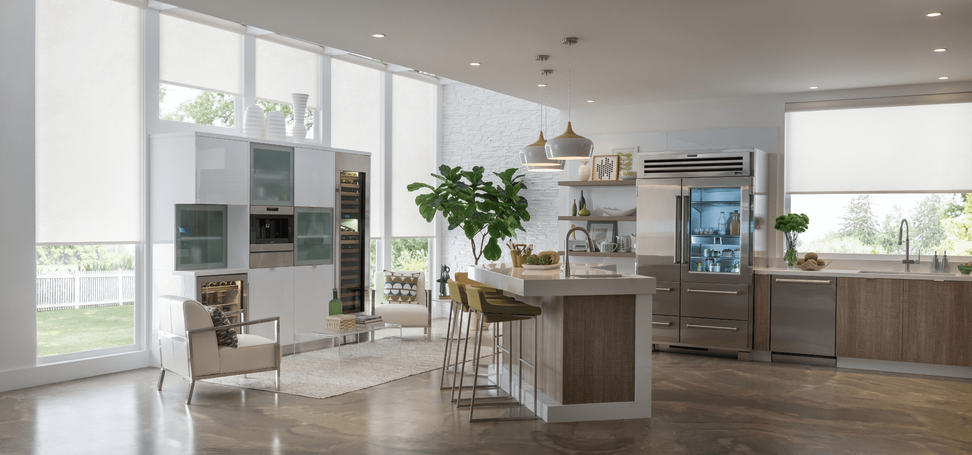 white solar shades sleek design in a modern kitchen with wood floor