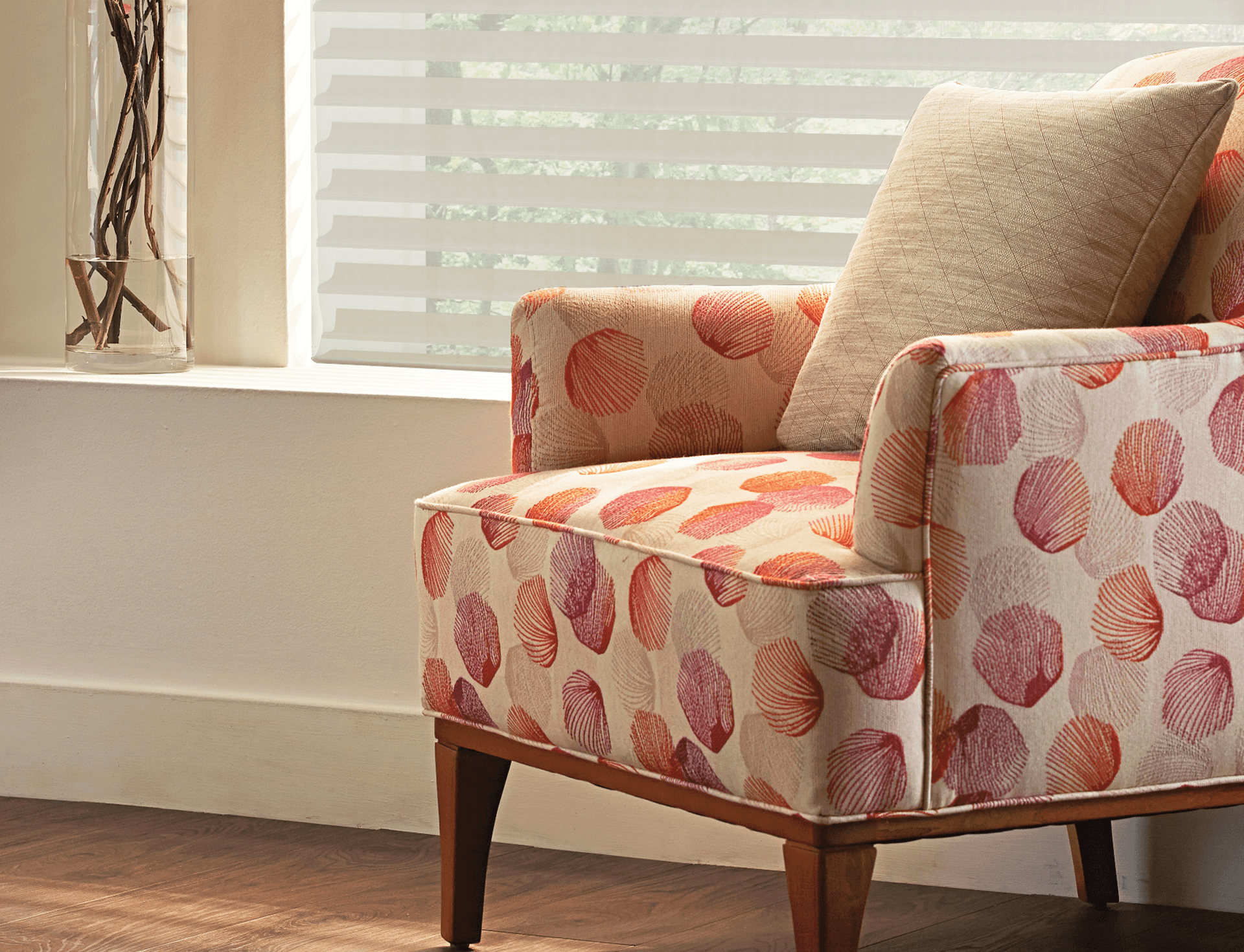 Graber blinds custom sheer shades and upholstered armchair