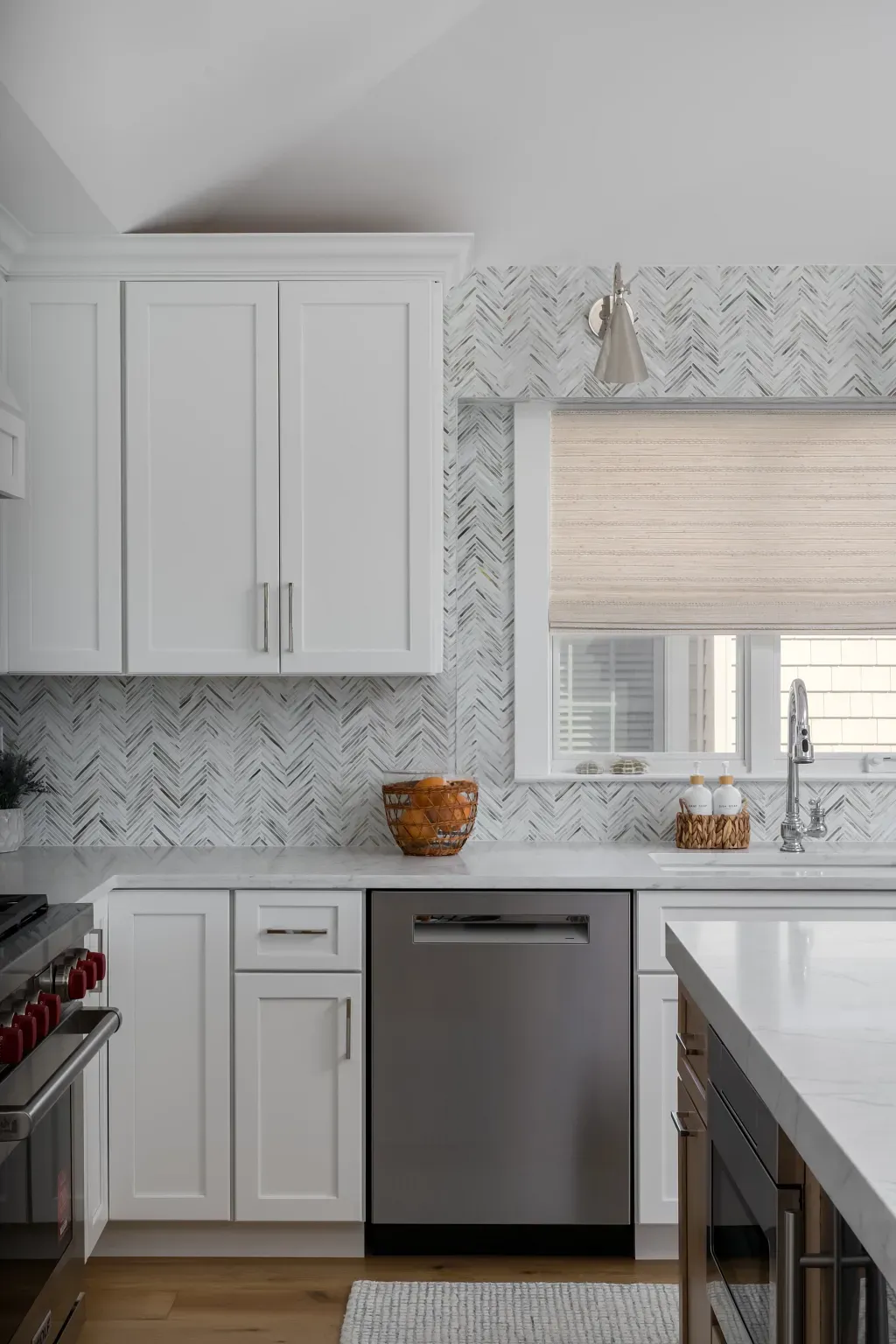 Graber Will Ventures Natural Woven Shades in a Kitchen with patterned Wallpaper