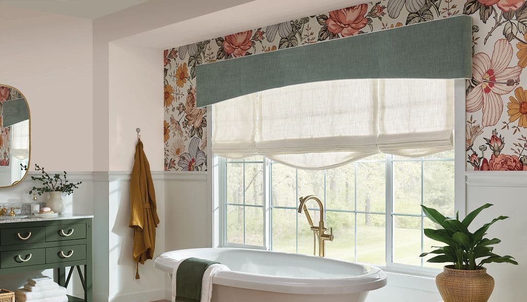 tailored roman shades with fabric arch cornice